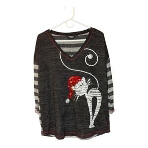 Onque Casual Sequin Christmas Cat Gray White Striped V-Neck Shirt Size XL